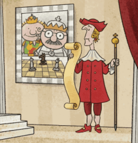 A Cartoon Of A King Holding A Scroll And A Cane GIF