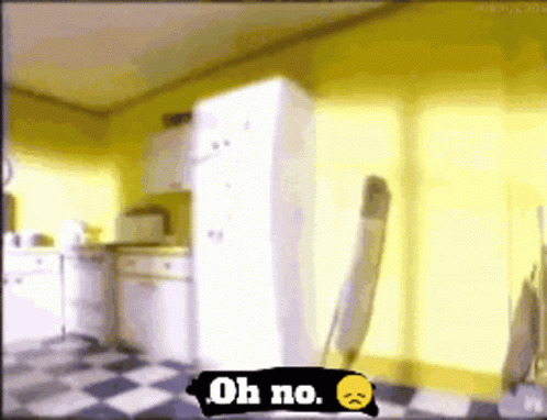 A Cartoon Of A Kitchen With A White Refrigerator And A Sign That Says Oh No GIF
