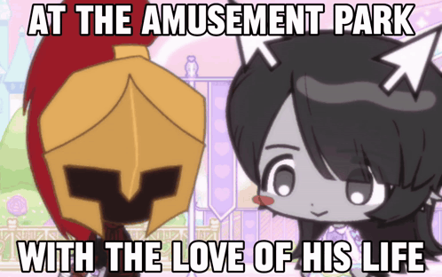 a cartoon of a knight and a cat with the words at the amusement park with the love of his life on the bottom