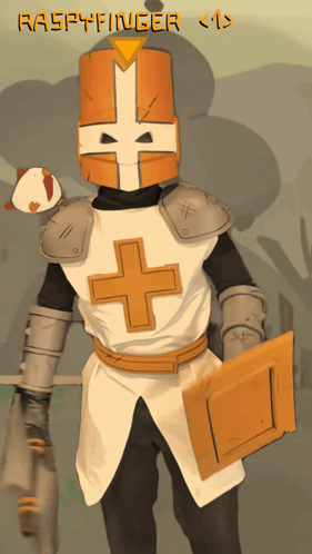 A Cartoon Of A Knight With A Cross On His Chest And The Name Raspyfinger Written Above Him GIF