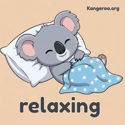 A Cartoon Of A Koala Bear Laying On A Pillow With The Word Relaxing Underneath It GIF