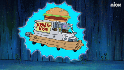 A Cartoon Of A Krusty Krab Truck Flying Through A Portal GIF