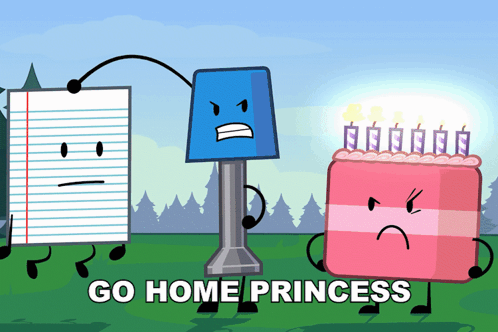 A Cartoon Of A Lamp A Piece Of Paper And A Cake With The Words Go Home Princess Below Them GIF