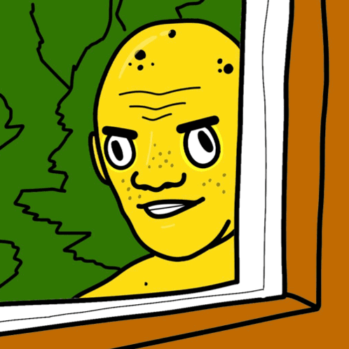 A Cartoon Of A Lemon Looking Out A Window With A Green Background GIF