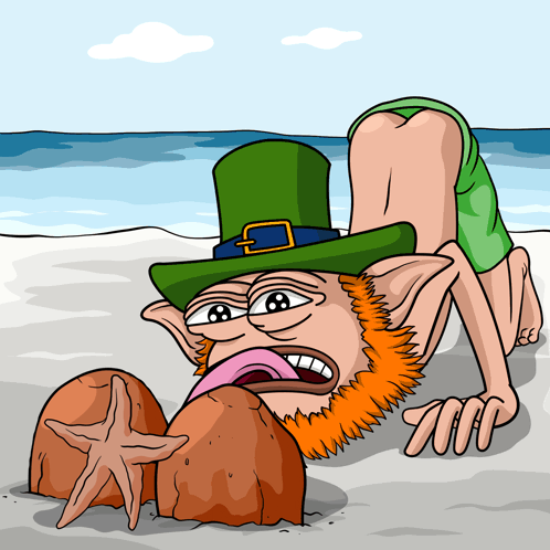 A Cartoon Of A Leprechaun On The Beach With His Tongue Out GIF