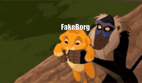 A Cartoon Of A Lion And A Baboon With Fakeborg Written On The Bottom Right GIF