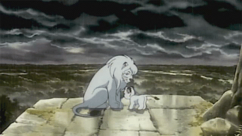 A Cartoon Of A Lion And A Cub Sitting On A Ledge GIF