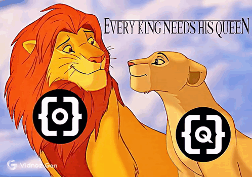 A Cartoon Of A Lion And A Lioness With The Words Every King Needs His Queen GIF
