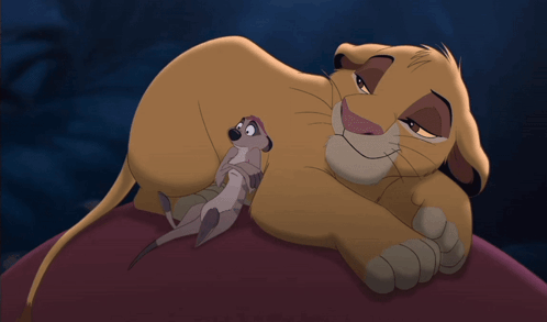 A Cartoon Of A Lion And A Meerkat Laying On A Rock GIF