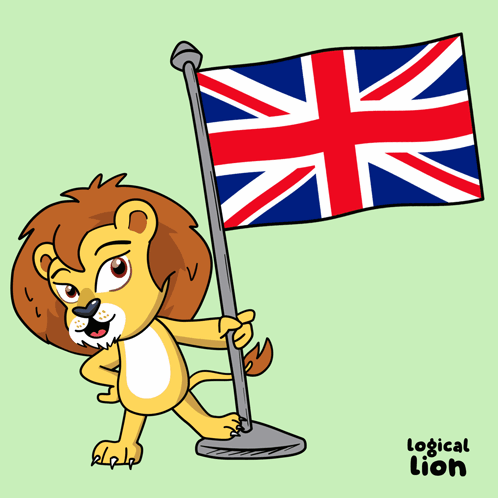A Cartoon Of A Lion Holding A British Flag With The Words Logical Lion Below It GIF