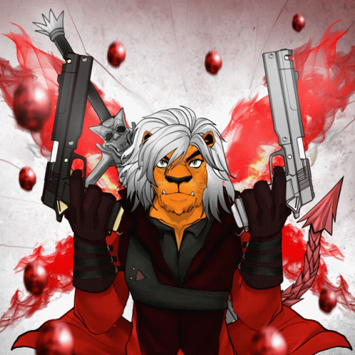 A Cartoon Of A Lion Holding Two Guns GIF