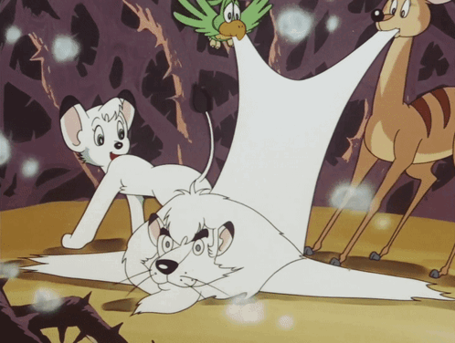 A Cartoon Of A Lion Laying On Its Back With A Bird On Its Head GIF
