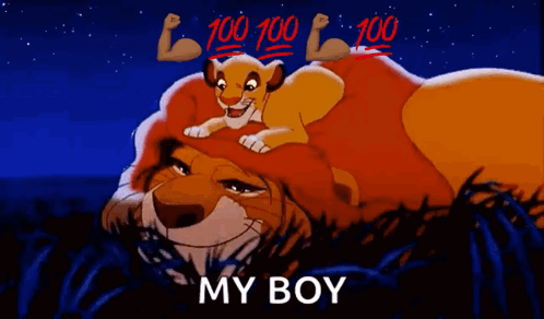 A Cartoon Of A Lion Laying On Top Of Another Lion With The Words " My Boy " Below It GIF