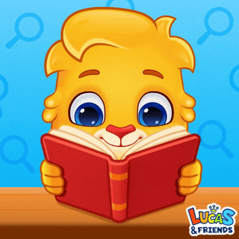 A Cartoon Of A Lion Reading A Book With Lucas & Friends Written On The Bottom Right GIF