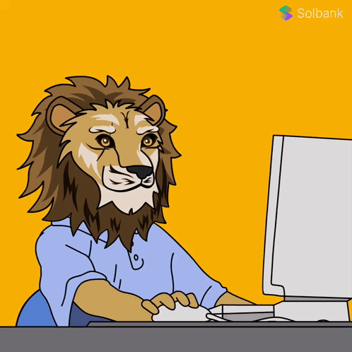 Cartoon Lion Sitting At Desk With Solbank GIF