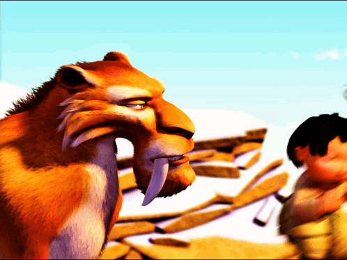 A Cartoon Of A Lion With A Man Standing Behind It GIF