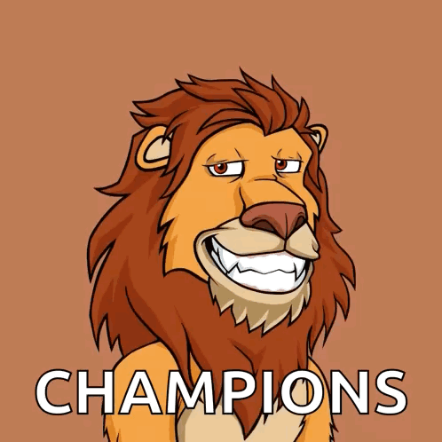 A Cartoon Of A Lion With The Word Champions Behind It GIF
