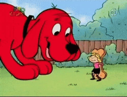 A Cartoon Of A Little Girl Standing Next To A Giant Red Dog GIF