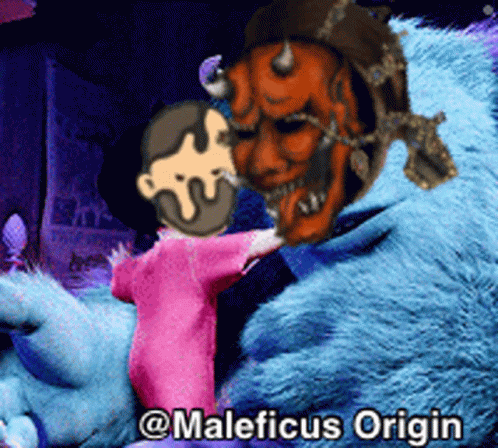 A Cartoon Of A Little Girl Standing Next To A Monster With Maleficus Origin Written Below It GIF
