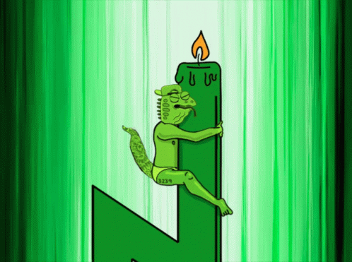 A Cartoon Of A Lizard Holding A Green Candle With A Flame GIF