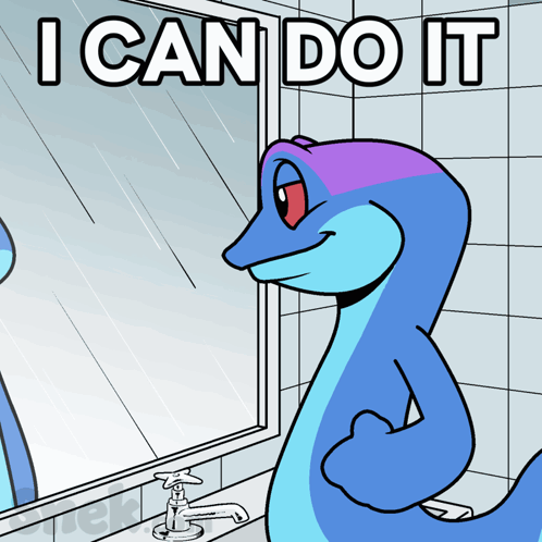 A Cartoon Of A Lizard Looking In A Mirror With The Words I Can Do It GIF