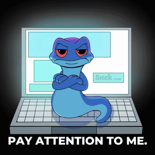 A Cartoon Of A Lizard Sitting In Front Of A Laptop With The Words Pay Attention To Me GIF
