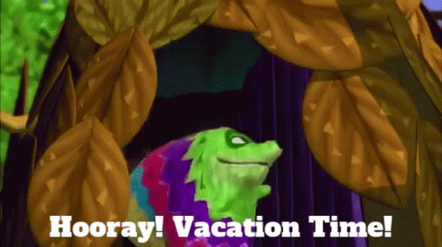 A Cartoon Of A Lizard With The Words Hooray Vacation Time Below It GIF