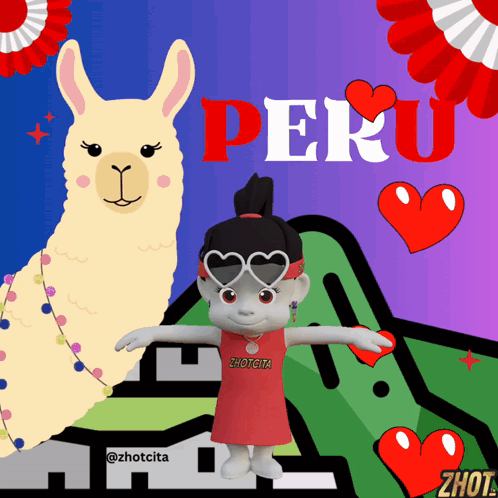 A Cartoon Of A Llama And A Girl With The Word Peru Written On It GIF