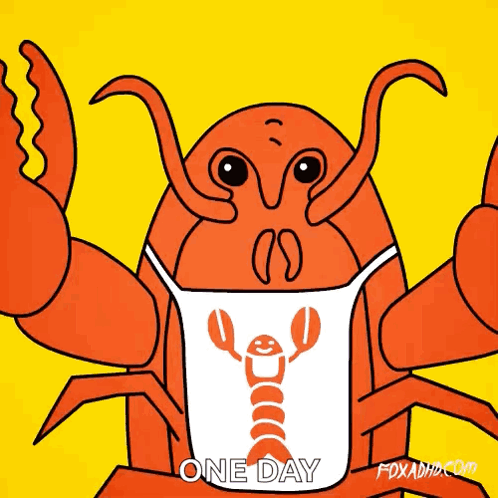 A Cartoon Of A Lobster Wearing A Face Mask With The Words One Day Below It GIF