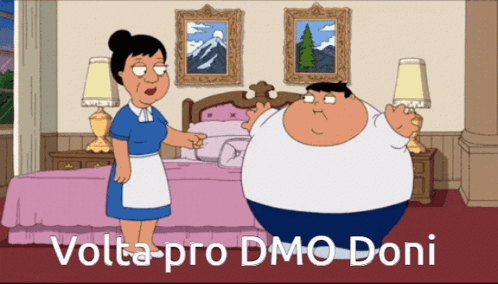 A Cartoon Of A Maid Pointing At A Fat Man With The Words Volta Pro Dmo Doni GIF