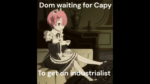 A Cartoon Of A Maid Sitting On A Bed With The Caption Dom Waiting For Capy To Get On Industrialist GIF
