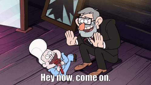 A Cartoon Of A Man And A Baby With The Words Hey Now Come On GIF
