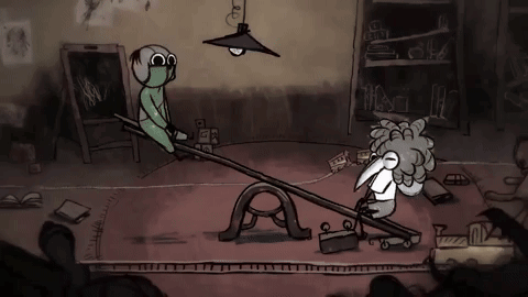 a cartoon of a man and a bird on a seesaw with the letter a on it