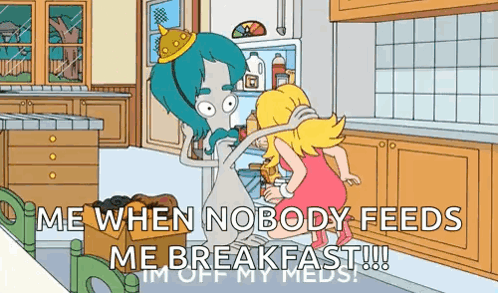 A Cartoon Of A Man And A Girl In A Kitchen With The Words Me When Nobody Feeds Me Breakfast GIF