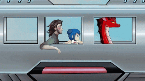 A Cartoon Of A Man And A Girl Looking Out A Window With A Red Dragon Behind Them GIF