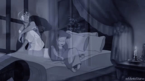 A Cartoon Of A Man And A Girl Sitting On A Bed GIF