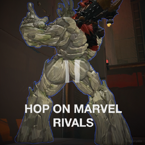 A Cartoon Of A Man And A Monster With The Words Hop On Marvel Rivals Below Them GIF