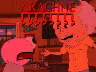 A Cartoon Of A Man And A Pink Monster With Arachne Written On The Bottom GIF