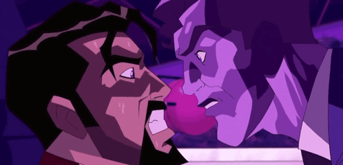 A Cartoon Of A Man And A Purple Monster Fighting GIF