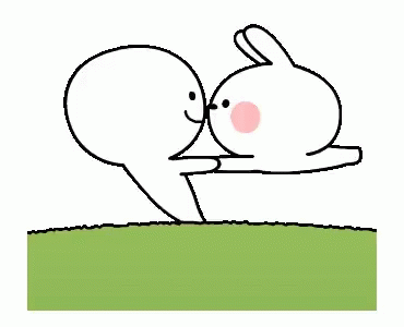 a cartoon of a man and a rabbit hugging each other on a grassy field .