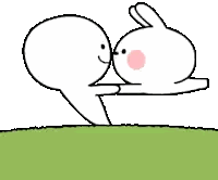 a cartoon of a man and a rabbit standing next to each other on a green field .