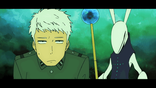 A Cartoon Of A Man And A Rabbit With A Blue Ball In The Background GIF