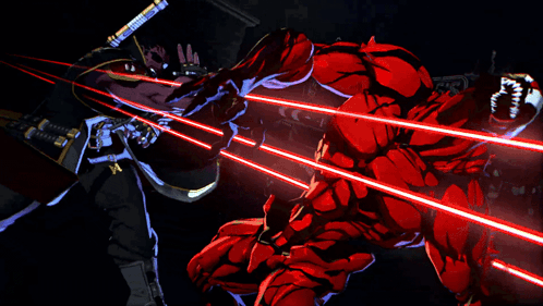 a cartoon of a man and a red monster fighting with red lasers