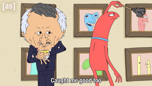 A Cartoon Of A Man And A Red Monster With The Words Caught Me Good Too On The Bottom GIF