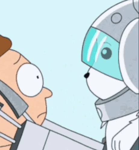 A Cartoon Of A Man And A Robot Looking At Each Other GIF