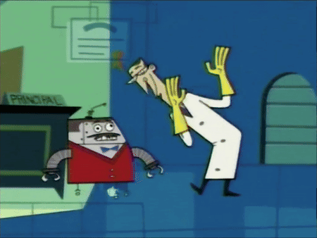 A Cartoon Of A Man And A Robot With A Sign That Says Principal On It GIF