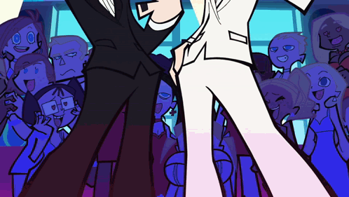 A Cartoon Of A Man And A Woman Dancing In Front Of A Crowd Of People GIF