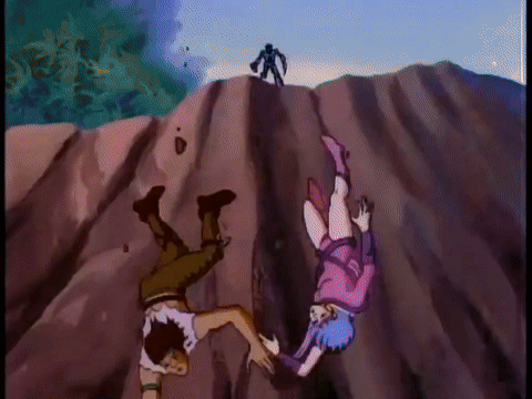 A Cartoon Of A Man And A Woman Falling Off A Mountain GIF