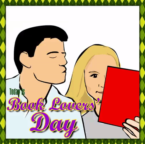 A Cartoon Of A Man And A Woman Holding A Red Book Titled Today 'S Book Lovers Day GIF