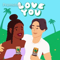 A Cartoon Of A Man And A Woman Holding Cans Of Cold Brew GIF
